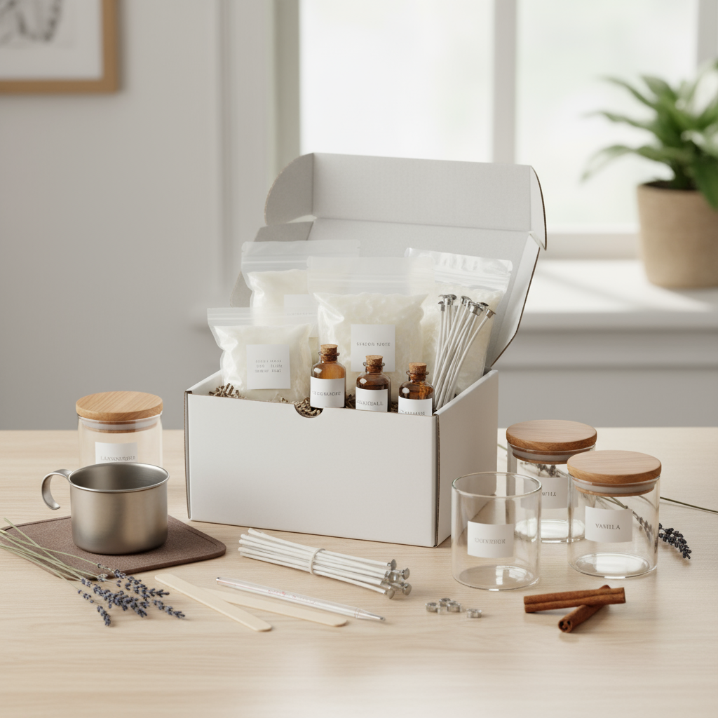 AI-generated image of candle making kit with wax, wicks, and aromatic oils