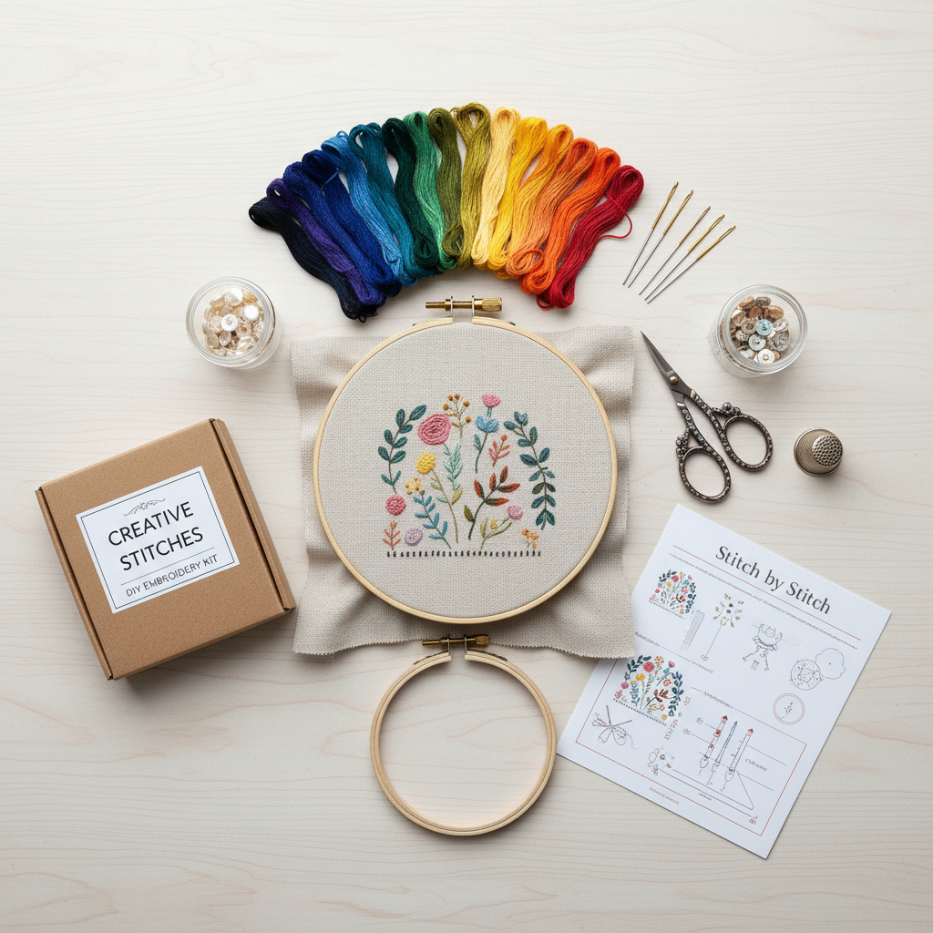 AI-generated image of embroidery kit with colorful threads and fabric hoops