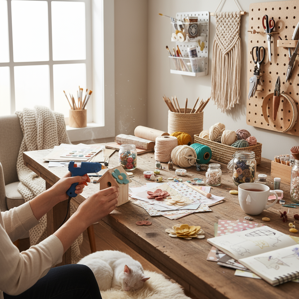 Creative DIY crafting workspace with colorful materials and tools