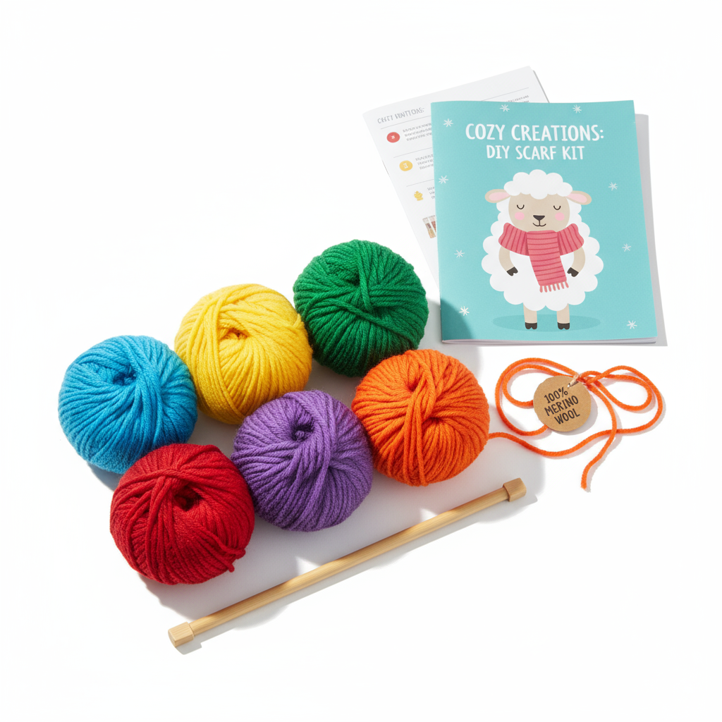 AI-generated image of complete knitting kit with colorful yarn balls and needles