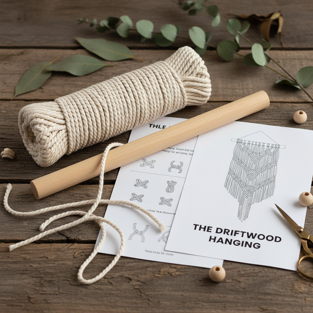 AI-generated image of macrame crafting kit with cotton cords and wooden rings