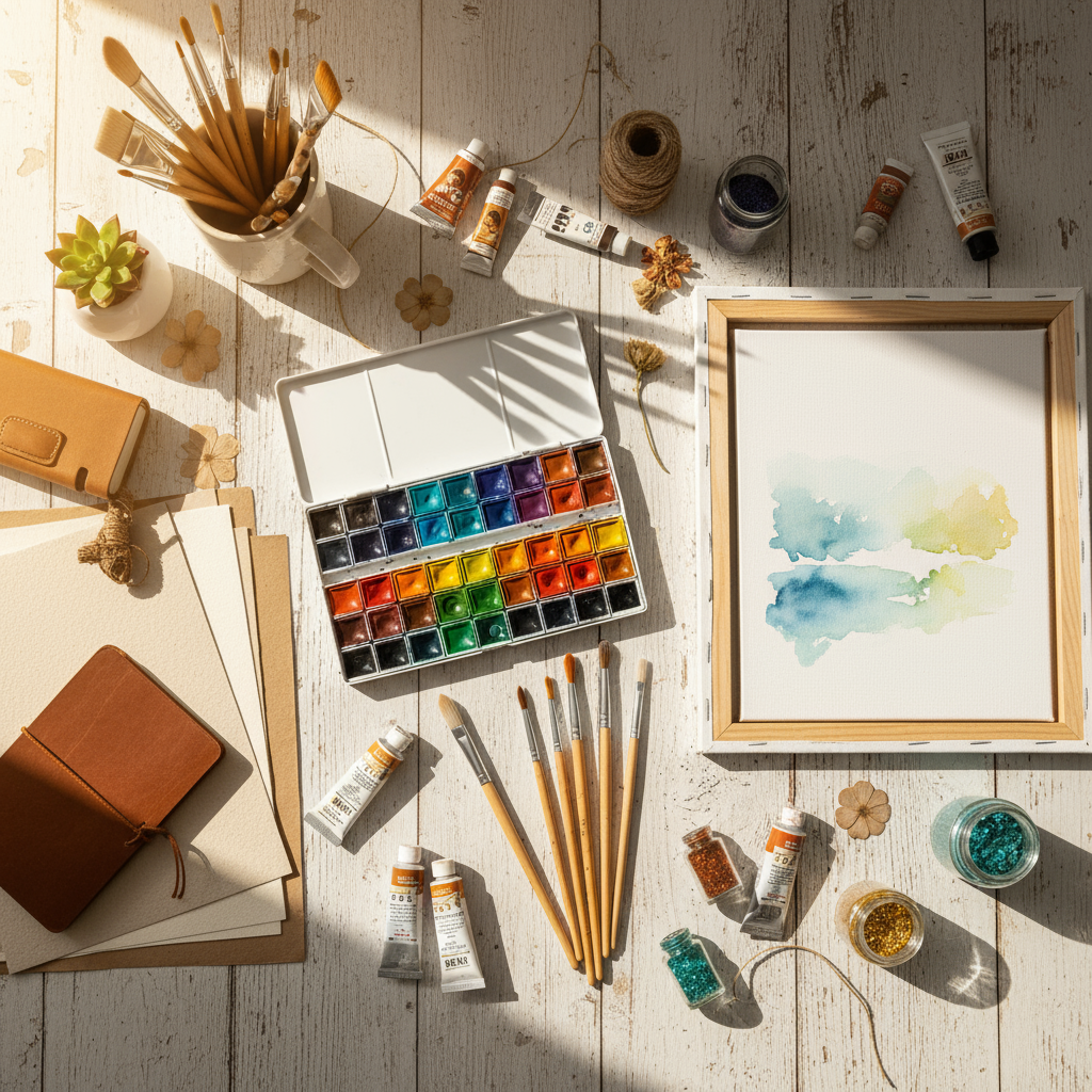AI-generated image of watercolor painting kit with brushes, paints, and canvas