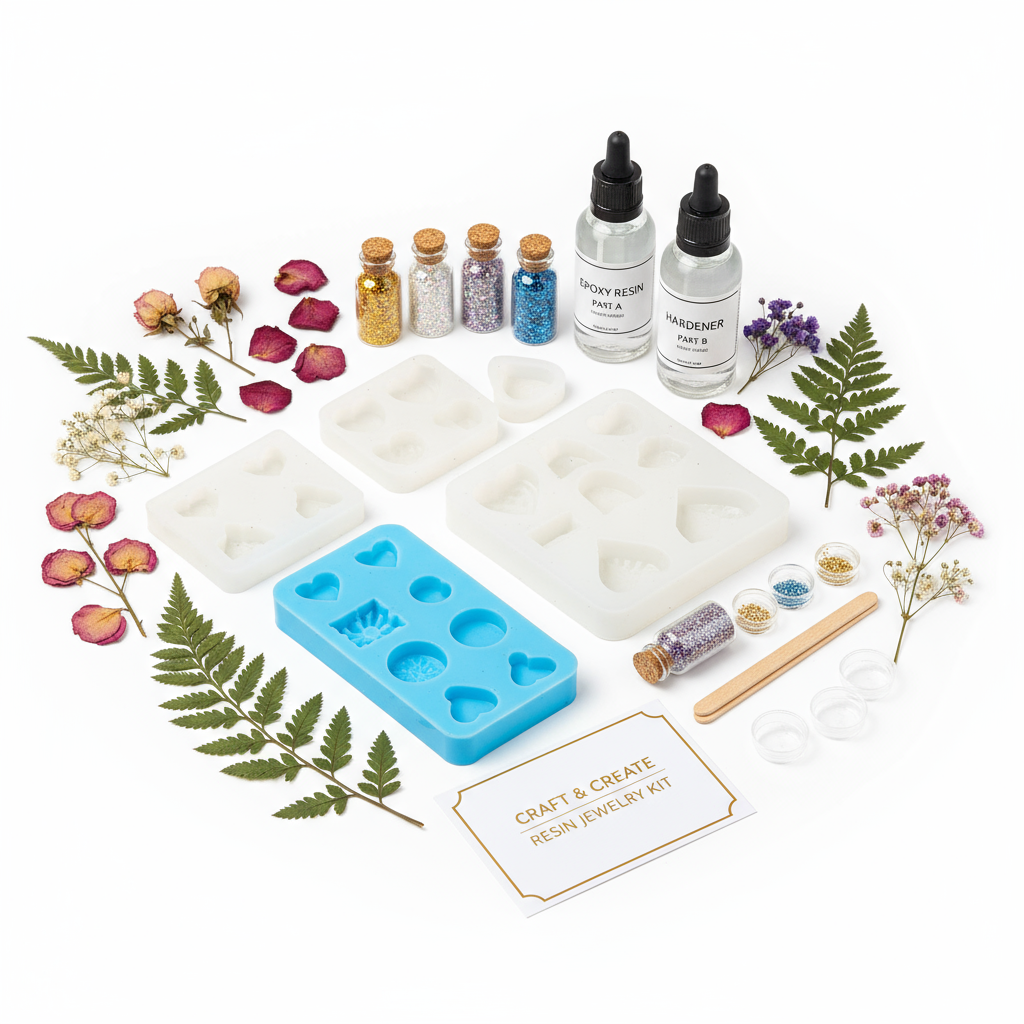 AI-generated image of resin art kit with molds, pigments, and mixing tools