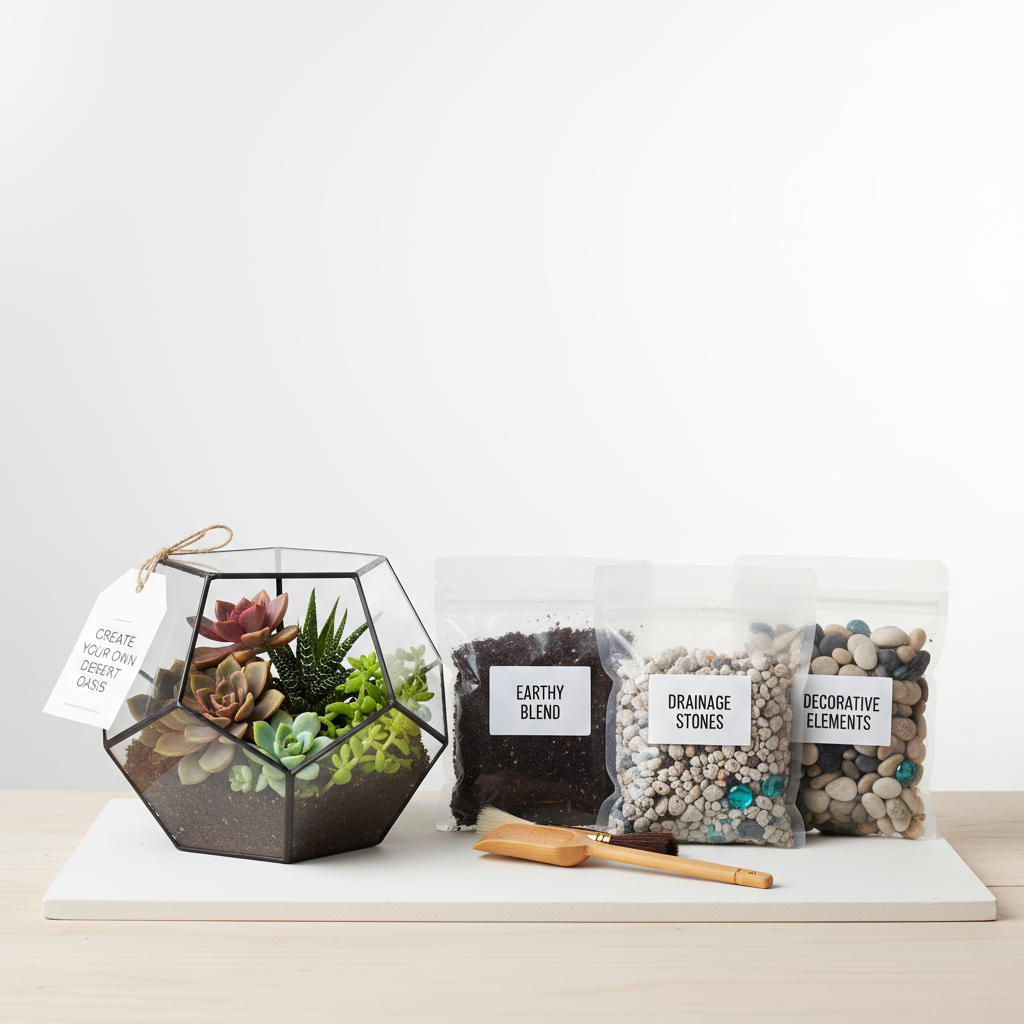 AI-generated image of terrarium kit with glass container, plants, and decorative stones